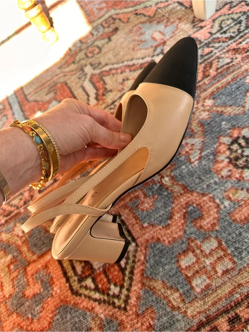 Mira Azzurra Size 9 Nude Black Cap Toe Slingback Block Heel Pumps